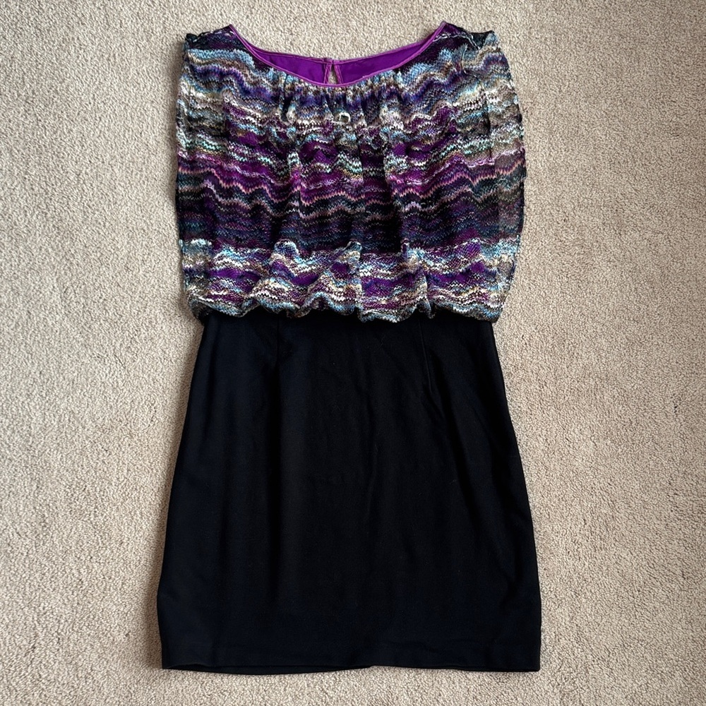 Cache Multicolor Knit Top with Black Skirt Dress